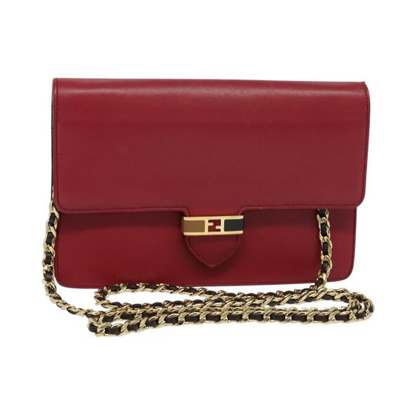 FENDI Chain Shoulder Bag Leather Red Gold - Picture 1 of 13